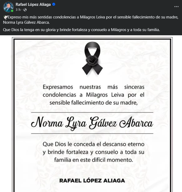 Rafael López Aliaga envió sus condolencias a Milagros Leiva. Foto: Facebook. Rafael López Aliaga envió sus condolencias a Milagros Leiva. Foto: Facebook.