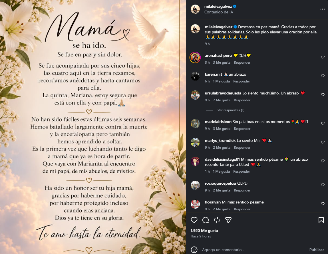 Comunicado de Milagros Leiva tras el fallecimiento de su madre. Foto: Instagram. Comunicado de Milagros Leiva tras el fallecimiento de su madre. Foto: Instagram.