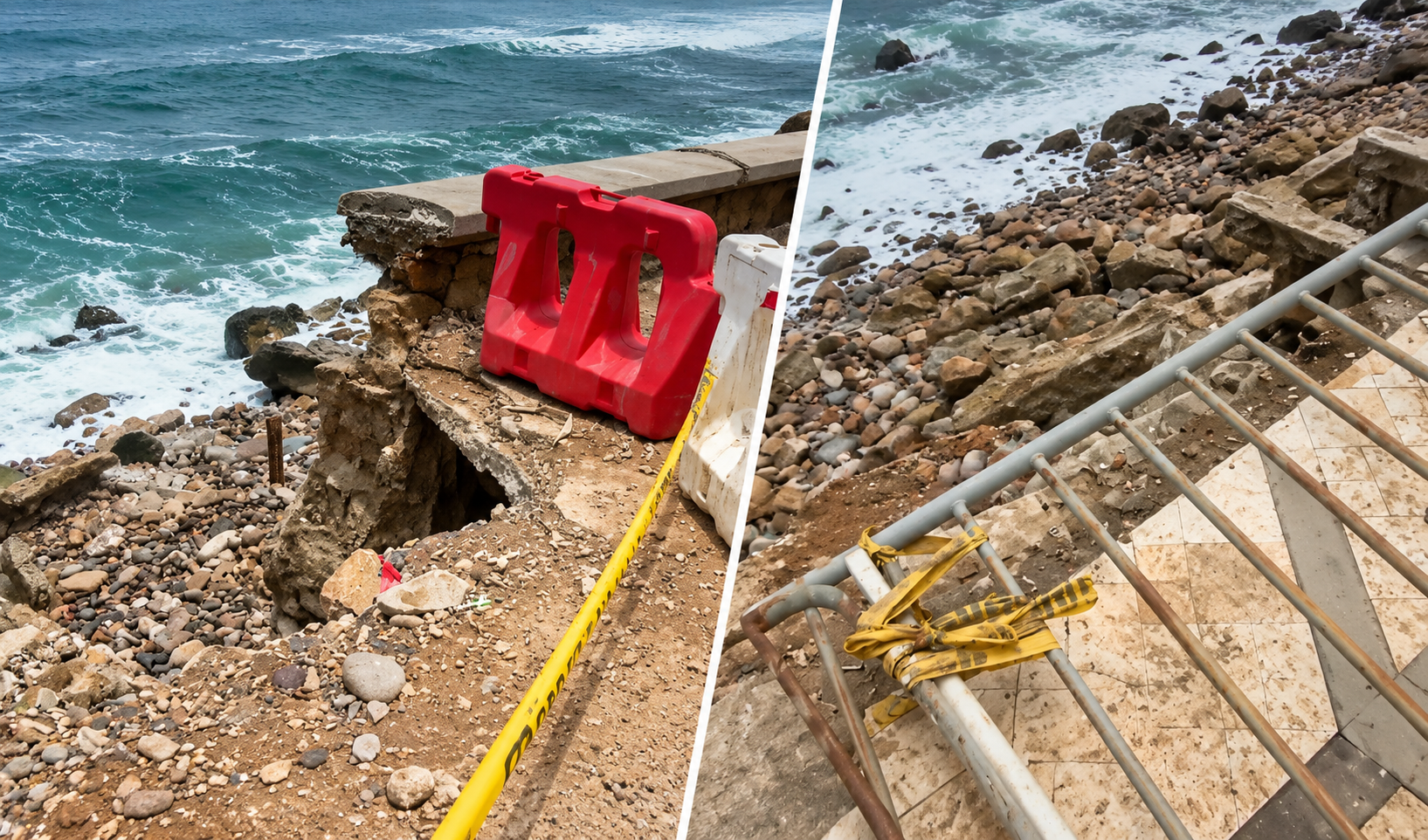 Pisos resquebrajados y rejas caídas: el fuerte oleaje agrava el deterioro del malecón de La Herradura