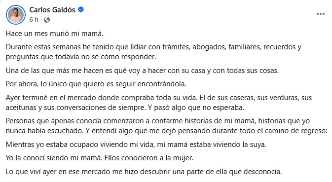 Carlos Galdós revela que su madre falleció a fines de septiembre. Fotos: Facebook Carlos Galdós revela que su madre falleció a fines de septiembre. Fotos: Facebook