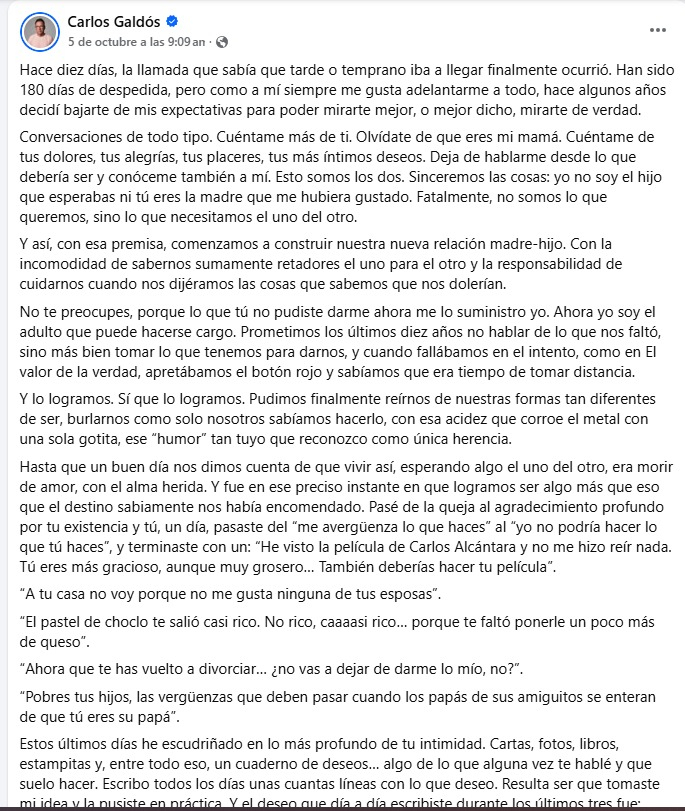 Carlos Galdós comparte doloroso mensaje tras la partida de su madre. Foto: Facebook Carlos Galdós comparte doloroso mensaje tras la partida de su madre. Foto: Facebook