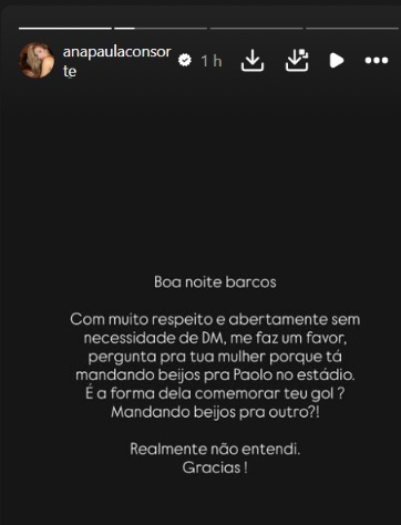 La pareja de Paolo Guerrero cuestiona a Giuli Cunha, esposa de Barcos, por un gesto amoroso hacia su pareja durante el partido. Foto: Instagram  